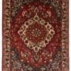 Full overhead view of a 7' 1" x 9' 7" hand-knotted Persian Bakhtiar wool rug featuring a large scalloped cream and rust medallion on a deep crimson field.