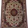 Full overhead view of a 6' 9" x 10' 1" hand-knotted Persian Bijar wool rug featuring a cream field with crimson floral patterns and a central medallion.
