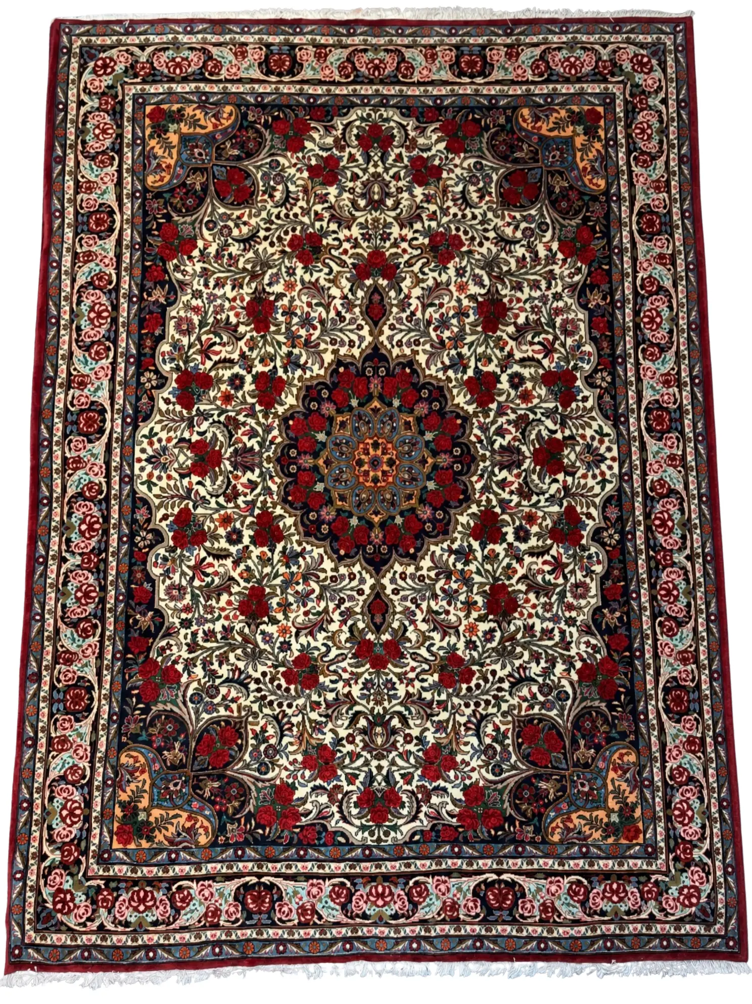 Full overhead view of a 6' 9" x 10' 1" hand-knotted Persian Bijar wool rug featuring a cream field with crimson floral patterns and a central medallion.