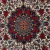 Close-up of the central rosette medallion and intricate crimson rose motifs on a hand-knotted Persian Bijar wool rug.