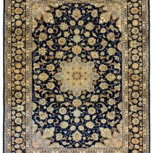 Full overhead view of a 7' 0" x 9' 10" hand-knotted Persian Najafabad wool rug with a midnight blue field, central ivory-gold medallion, and Shah Abbas floral borders.