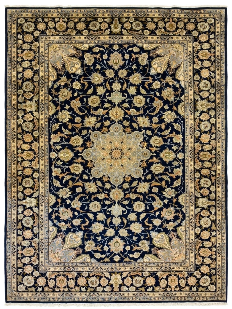 Full overhead view of a 7' 0" x 9' 10" hand-knotted Persian Najafabad wool rug with a midnight blue field, central ivory-gold medallion, and Shah Abbas floral borders.
