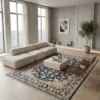 7' 0" x 9' 10" Persian Najafabad wool rug styled in a bright, modern living room with a low travertine coffee table and cream sectional sofa.