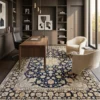 Hand-knotted navy and cream Persian Najafabad wool carpet styled in an executive office under a walnut desk and cream armchairs.