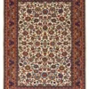 Full overhead view of a 6' 6" x 10' 4" hand-knotted Persian Sarough wool rug featuring an all-over floral vine motif on a cream field with a red border.