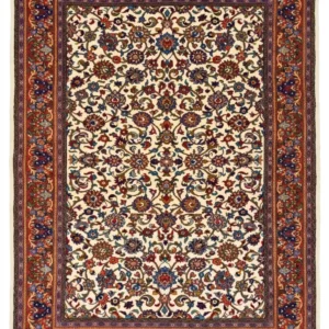 Full overhead view of a 6' 6" x 10' 4" hand-knotted Persian Sarough wool rug featuring an all-over floral vine motif on a cream field with a red border.