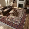 6' 6" x 10' 4" Persian Sarough wool rug styled in a warm, rustic living room under a wooden coffee table and leather Chesterfield sofa.