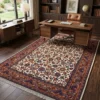 Hand-knotted cream and red Persian Sarough area rug placed in a modern executive office under a walnut desk and leather chair.