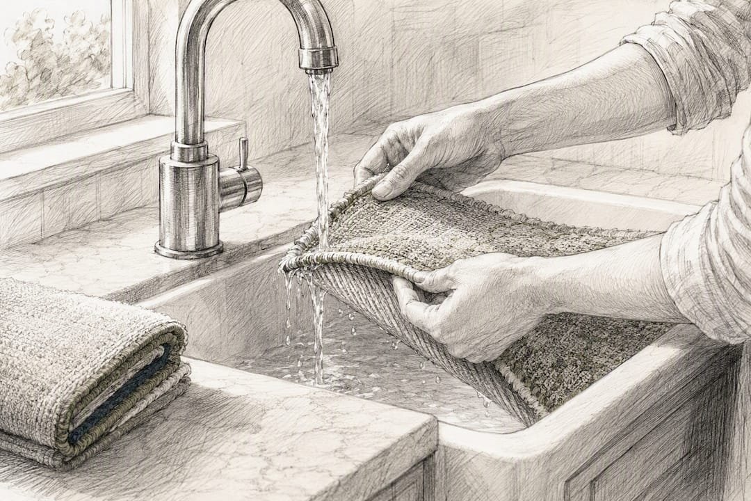 Hands rinsing a washable rug edge