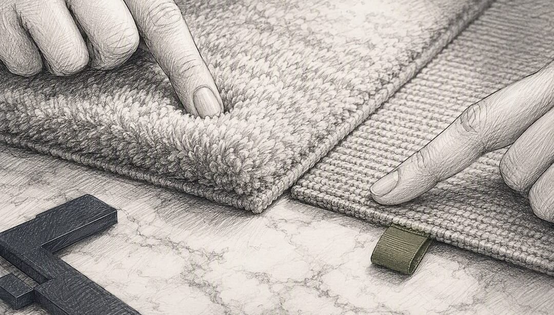 Hands comparing rug pile heights