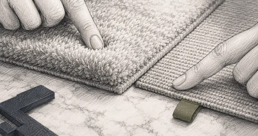 Hands comparing rug pile heights
