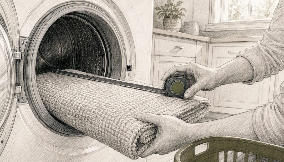 Homeowner measuring folded rug beside washer