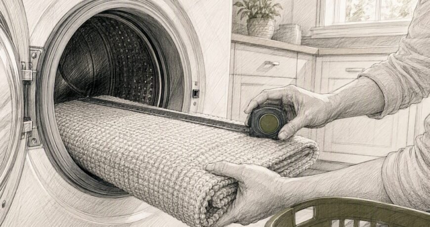 Homeowner measuring folded rug beside washer