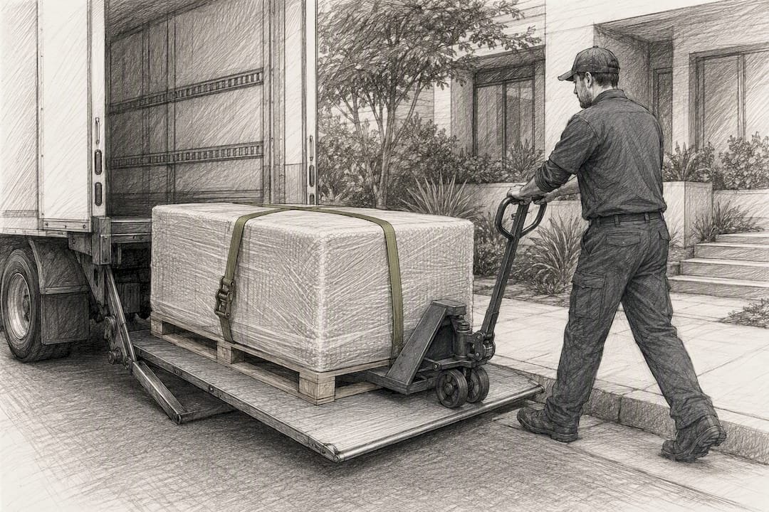 Liftgate lowering wrapped rug shipment