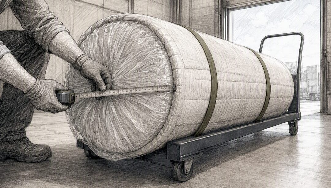 Wrapped rug shipment being measured