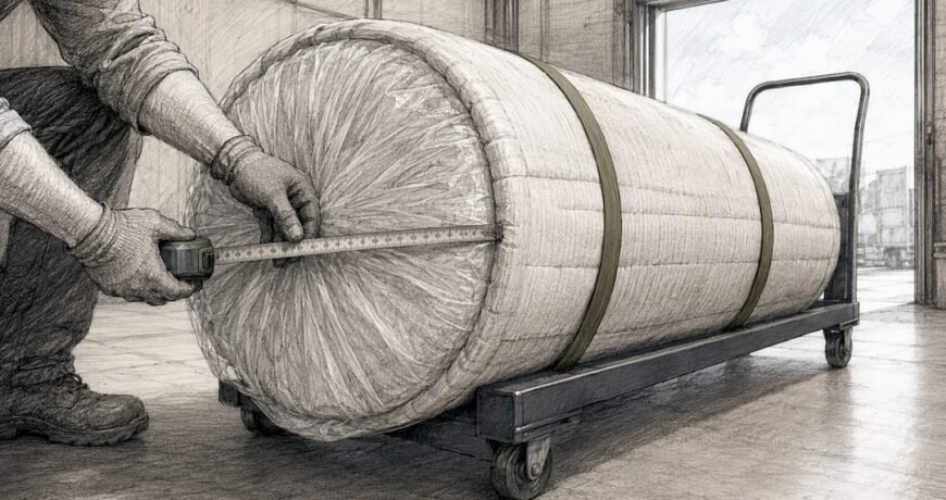 Wrapped rug shipment being measured