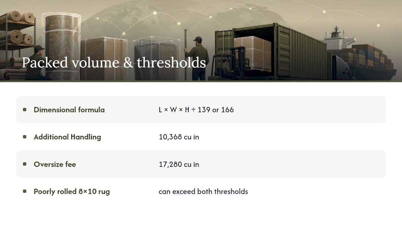 Rug shipping volume and surcharge thresholds