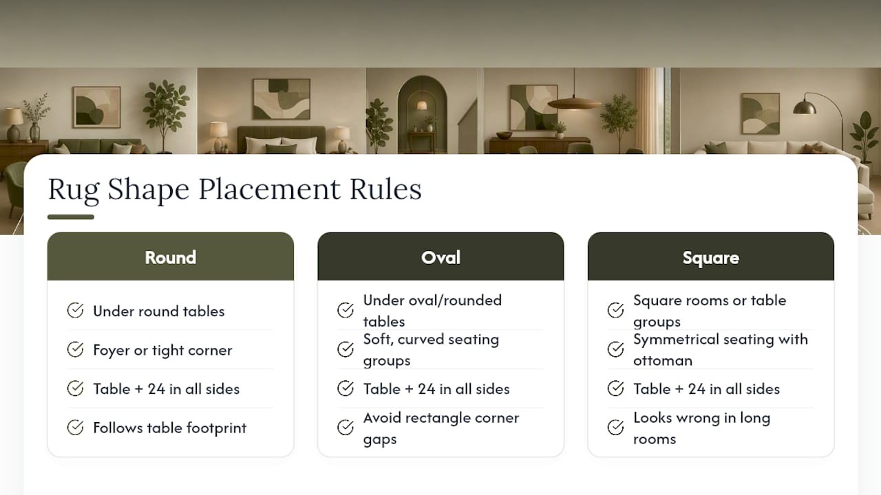 Rug shapes matched to furniture layouts