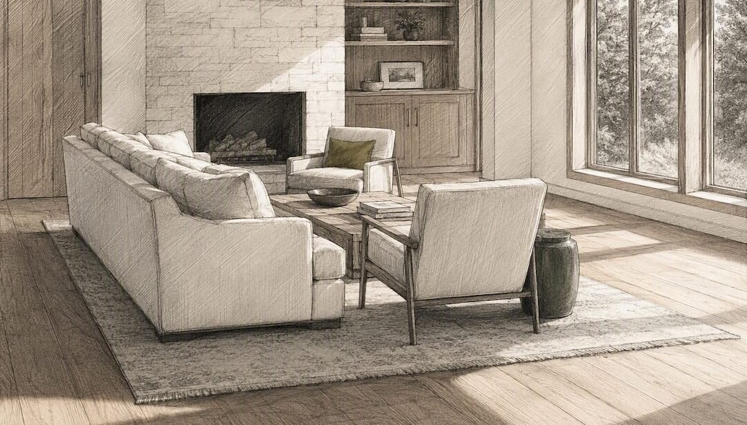 Seating grouping framed by rug edge