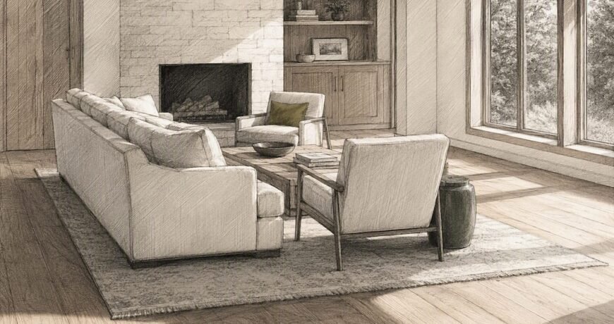 Seating grouping framed by rug edge