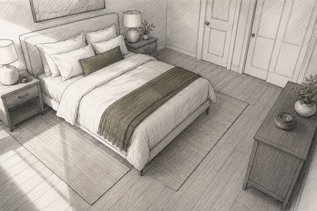 Two side rugs beside compact bed
