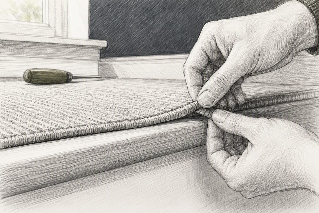 Hands checking a stair runner edge
