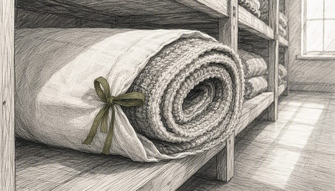 Rolled wool rug in breathable storage wrap