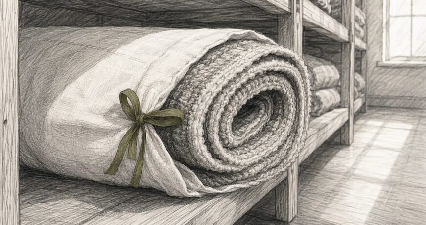 Rolled wool rug in breathable storage wrap