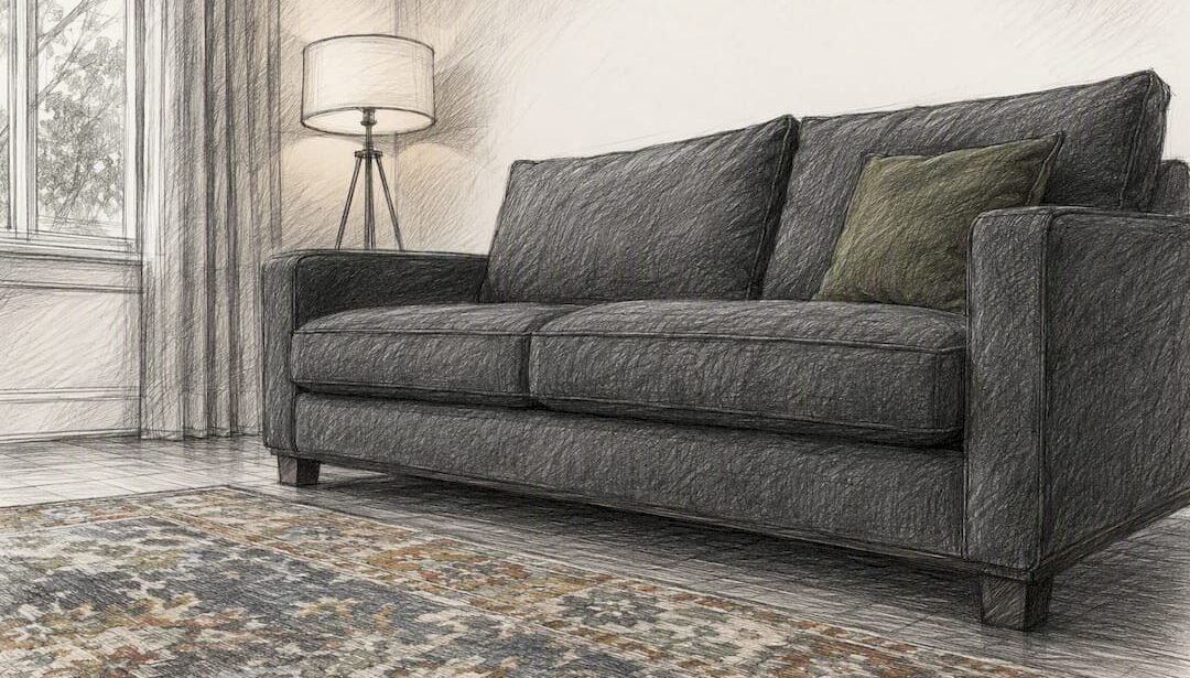 Gray sofa with colorful rug edge
