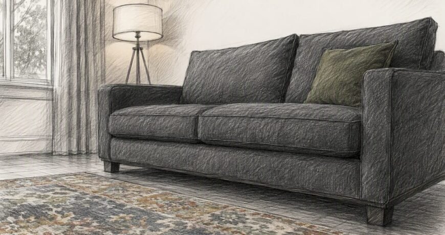 Gray sofa with colorful rug edge