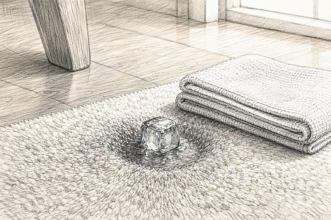 Ice cube melting on rug dent
