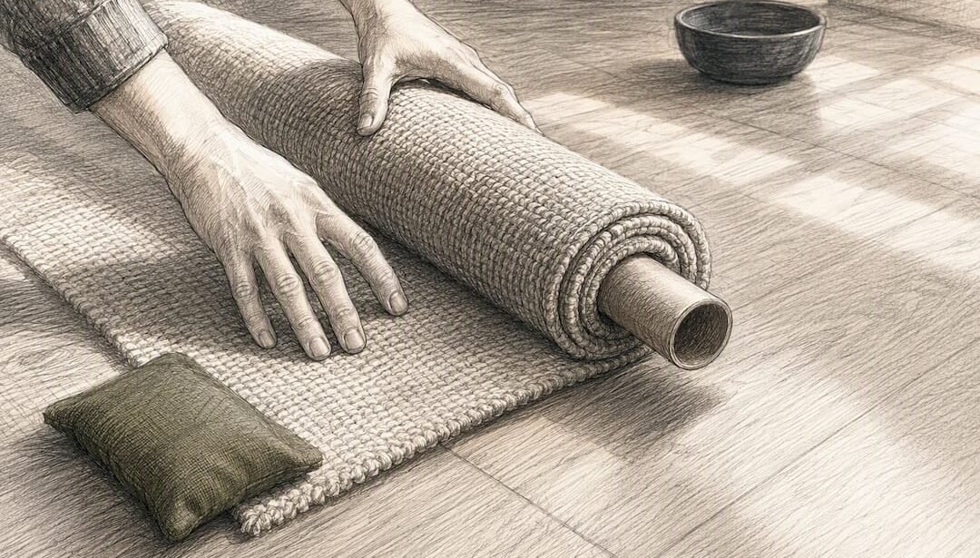 Hands reverse-rolling rug around cardboard tube