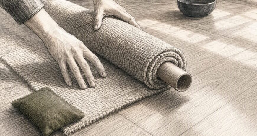 Hands reverse-rolling rug around cardboard tube