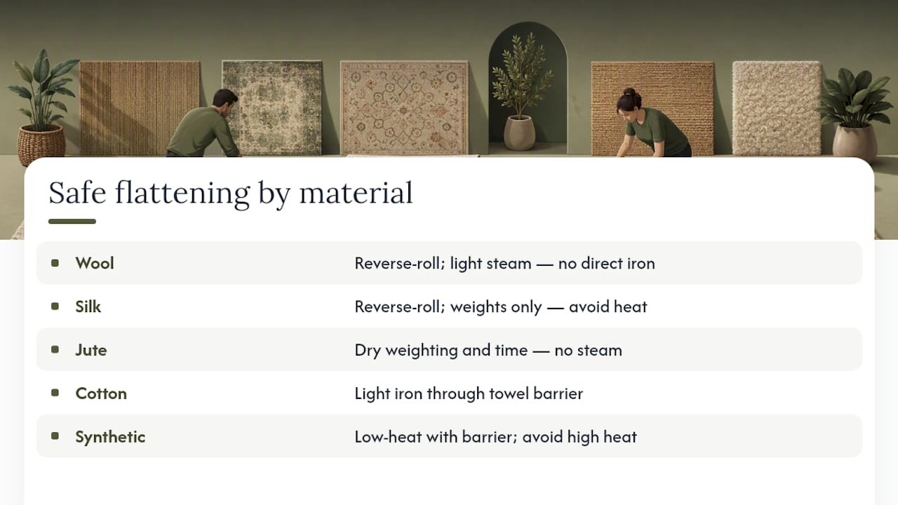 Rug materials matched with safe flattening methods