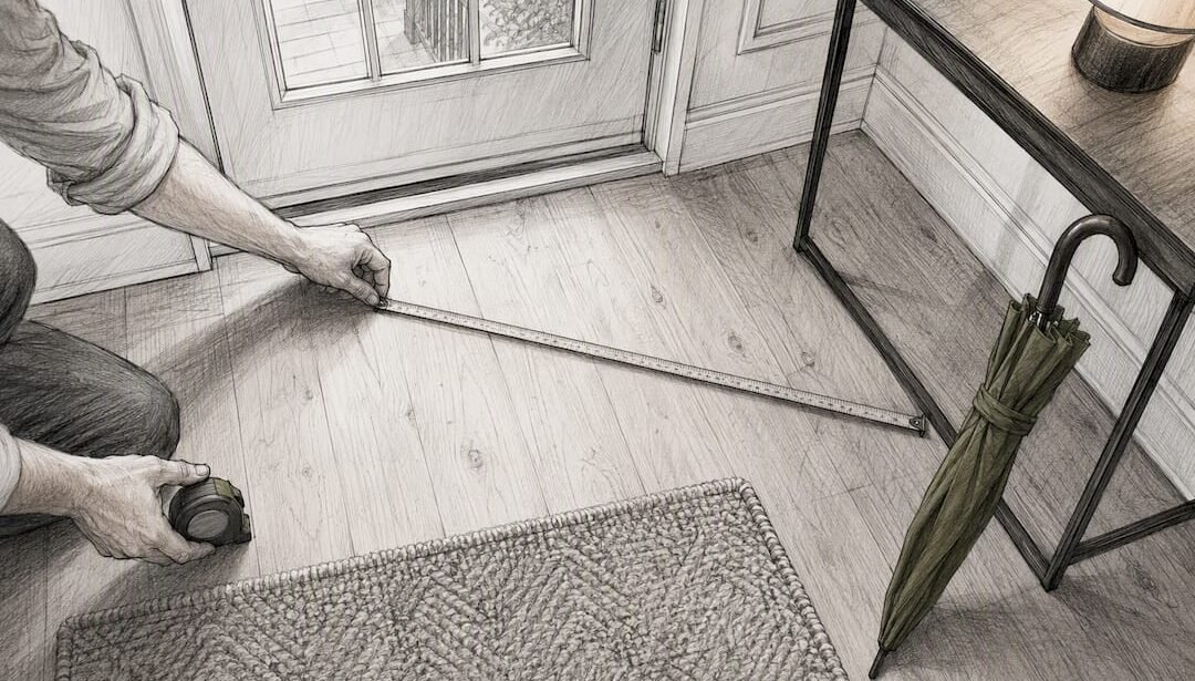 Hands measuring an entryway rug area