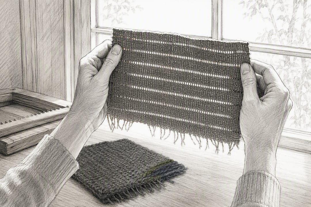 Hands checking slit weave against daylight