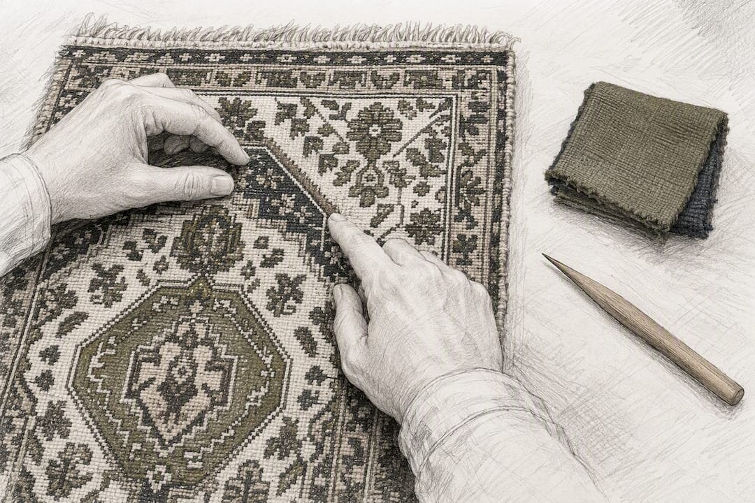 Hands studying rug medallion and spandrels