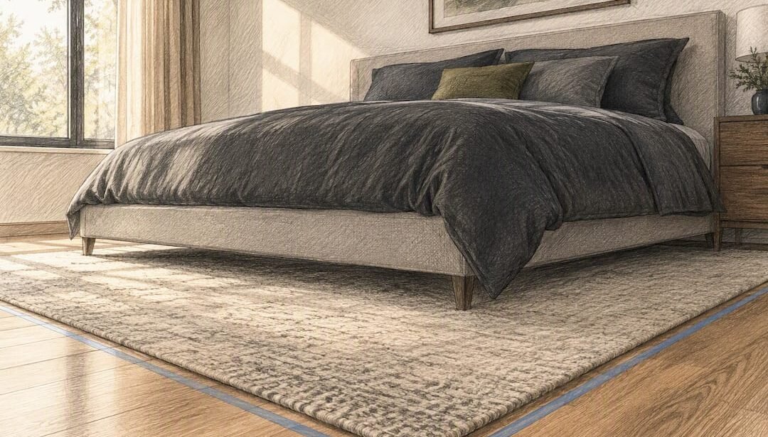 Queen bed with rug extending beyond edges