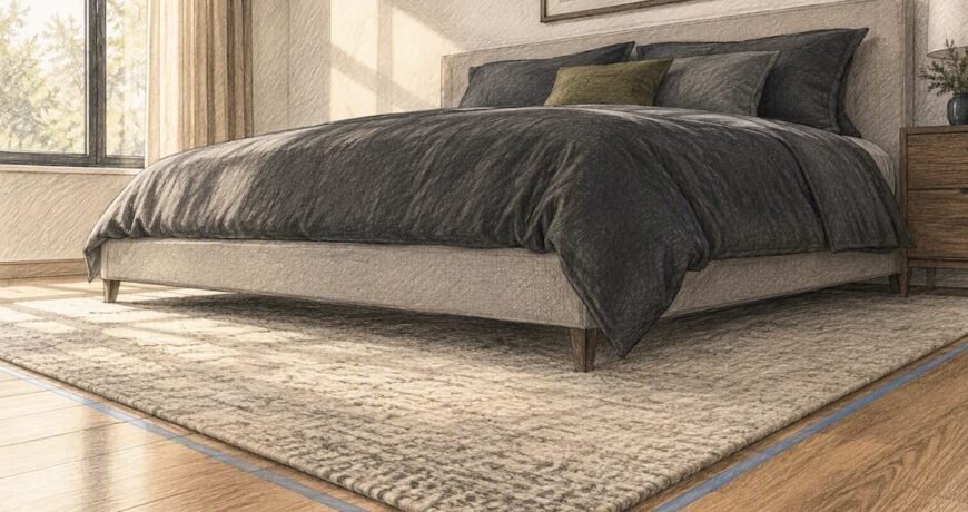Queen bed with rug extending beyond edges