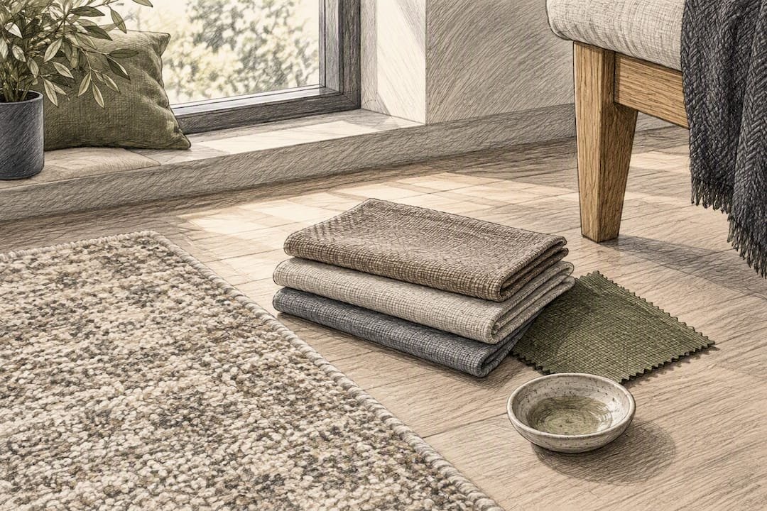 Rug and bedding swatches in bedroom light