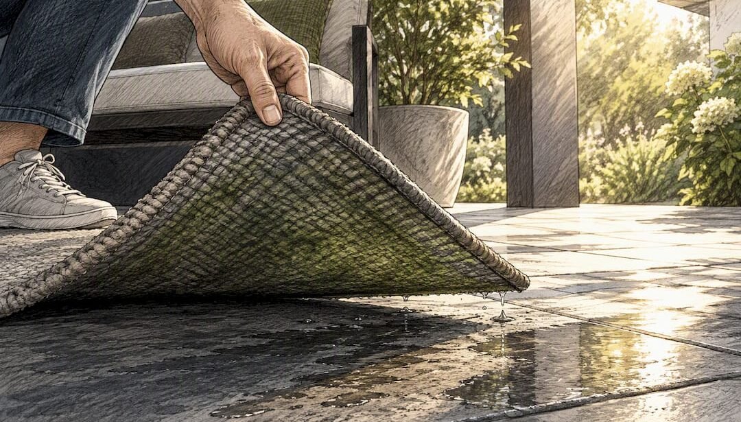Homeowner lifting damp outdoor rug edge