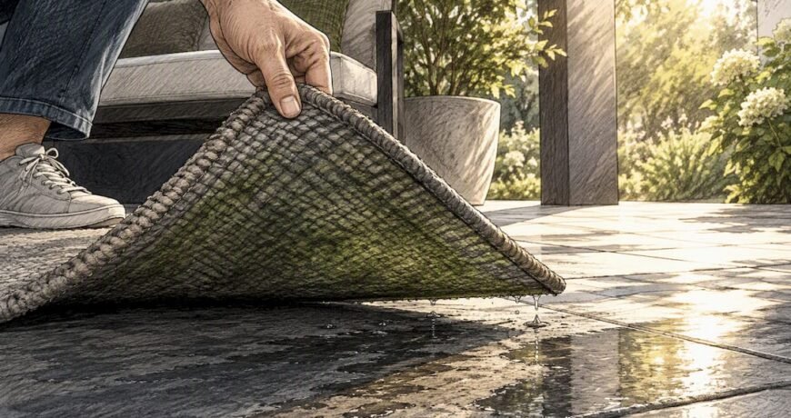 Homeowner lifting damp outdoor rug edge