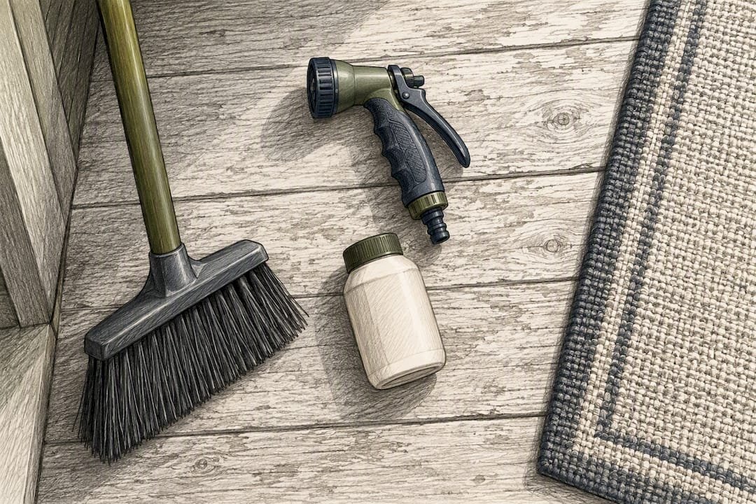 Cleaning tools arranged beside outdoor rug