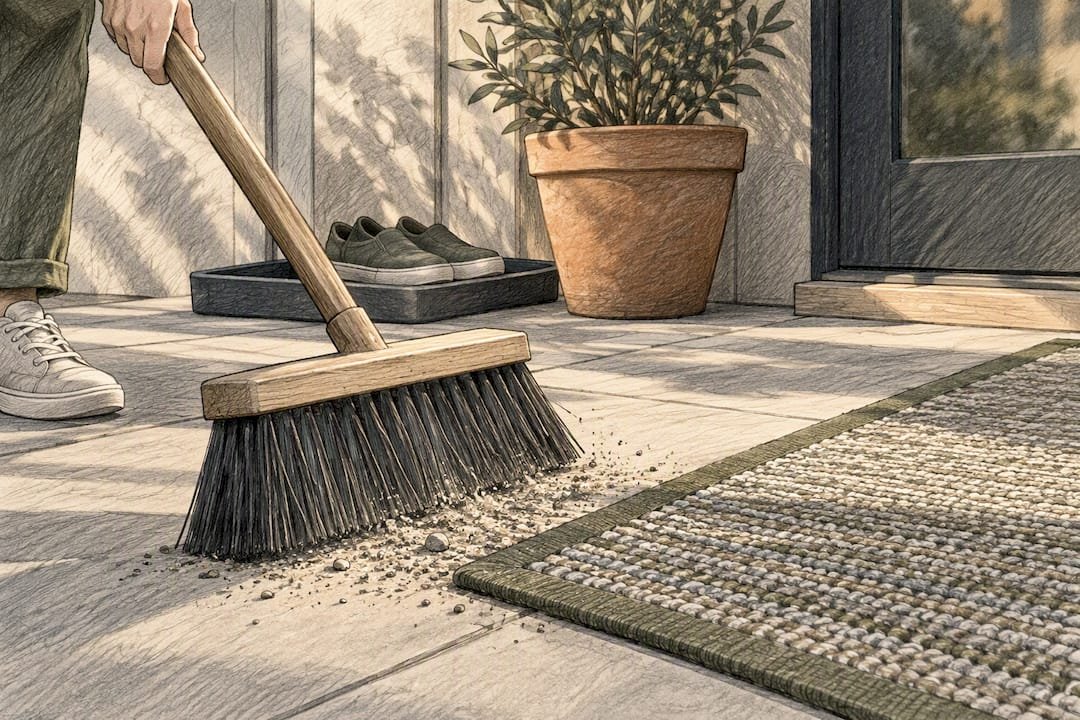 Broom sweeping grit from outdoor rug