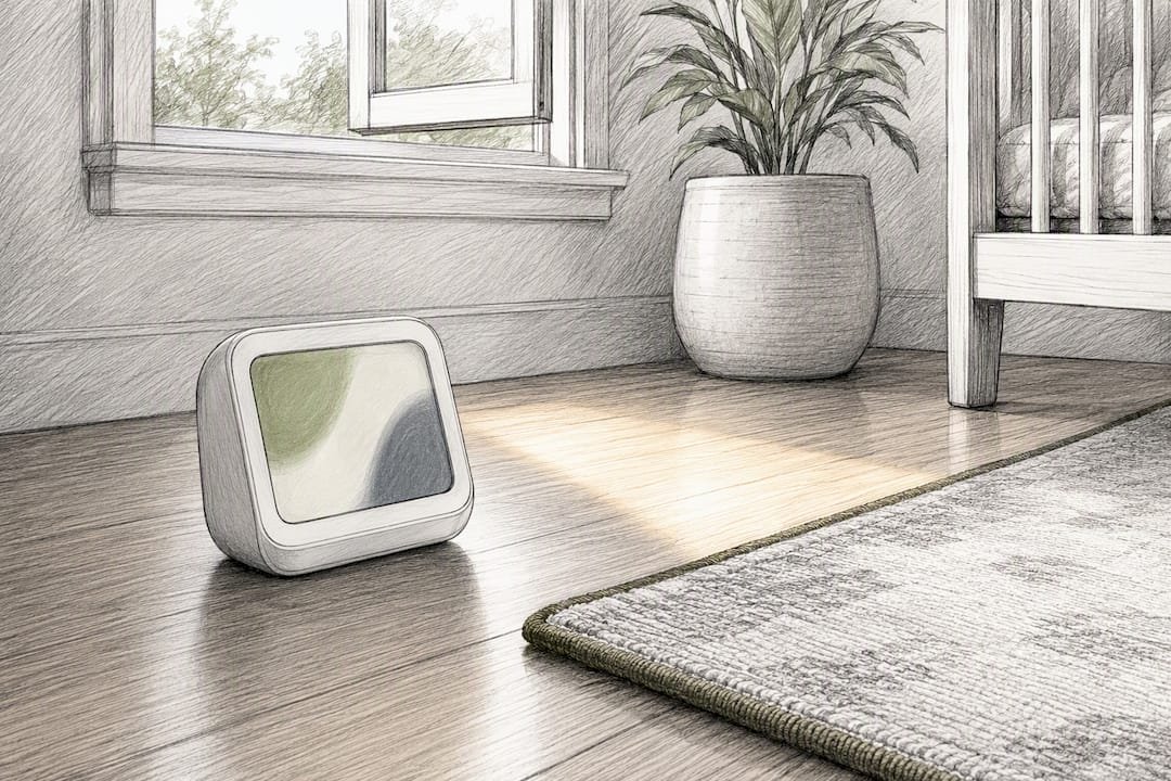 Air quality monitor beside new rug edge