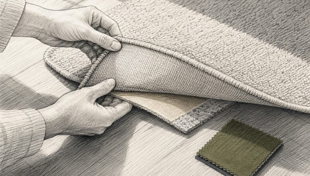 Hands inspecting rug backing in nursery