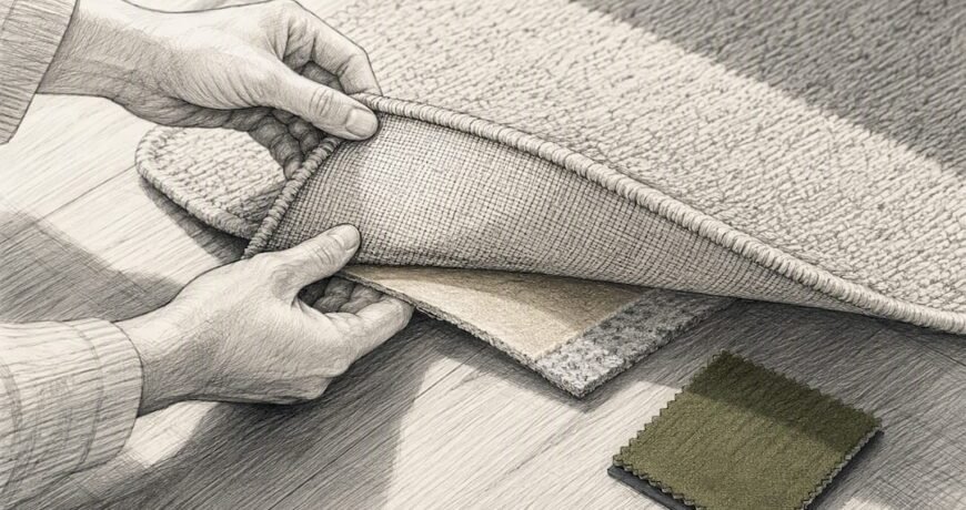 Hands inspecting rug backing in nursery
