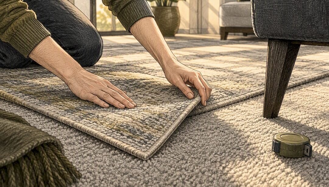 Hands layering a rug over carpet