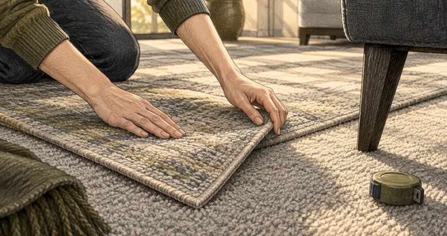 Hands layering a rug over carpet