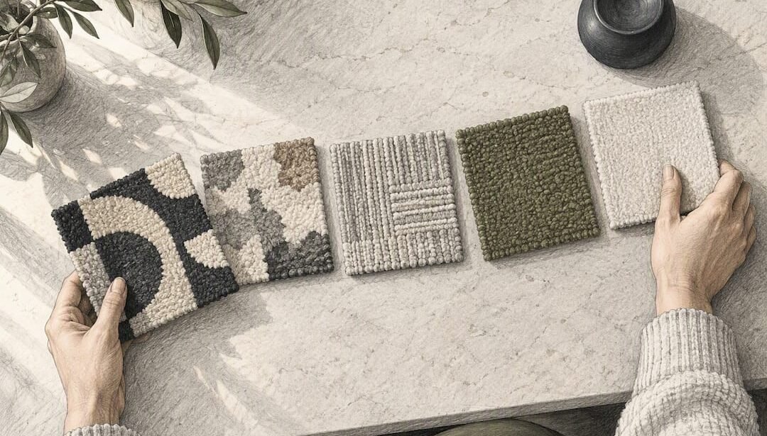 Hands comparing modern rug style swatches